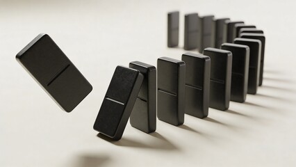 Strategic Domino Effect Black Pieces Falling in Sequence Illustrating Chain Reaction