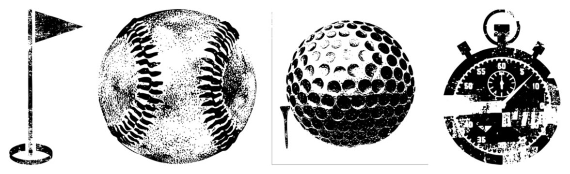 Retro styled halftone vector of golf flag, baseball, golf ball, stopwatch classic sports equipment rendered in gritty dot, ideal for vintage or athletic branding.