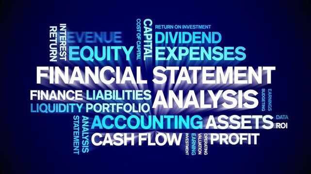 Financial Statement Analysis animated word cloud-text design animation tag kinetic typography seamless loop.