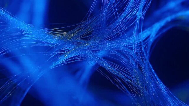 Glowing Bio-Luminescent Fiber Optic Cables Pulsing With Blue and Gold Light, Cinematic Neural Network