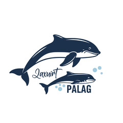 Fototapeta premium Stylized illustration of an adult dolphin and a baby dolphin swimming together with water bubbles
