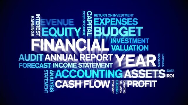 Financial Year animated word cloud-text design animation tag kinetic typography seamless loop.
