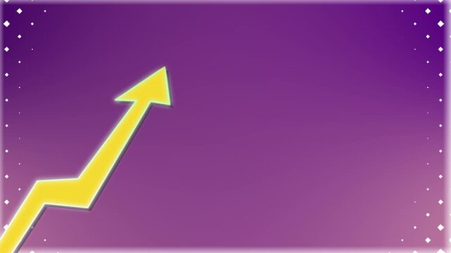Smooth animated yellow arrow moving from bottom left corner to upper right direction representing rising performance and business success. The arrow glows and blinks after reaching the top position. P