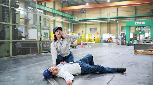 工場で倒れた作業員を救護する女性作業員