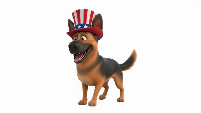Animated German Shepherd Dog Wearing Uncle Sam Hat, Walking in Celebration