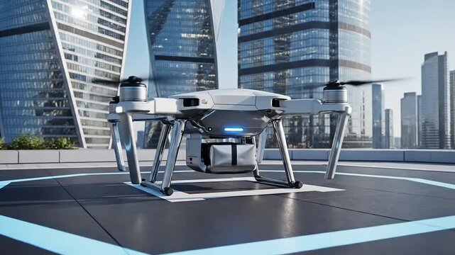 Drone on helipad in modern cityscape.