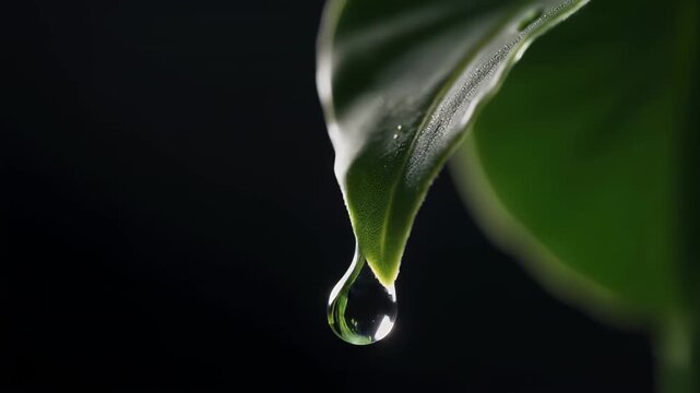 Water drop hanging from green leaf tip on black background, macro