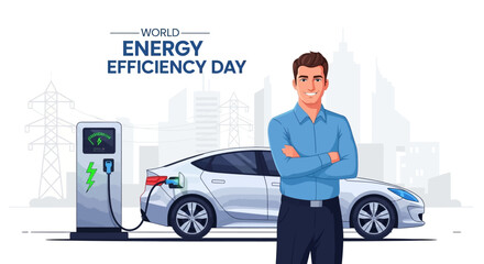 A man in a blue shirt stands confidently with arms crossed next to an electric car charging at a station on World Energy Efficiency Day with a cityscape background. © Eko