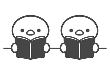 本を開いて並んで座るひよこたちの手書き線画イラスト 　授業中　読書シーン © Nitomaru