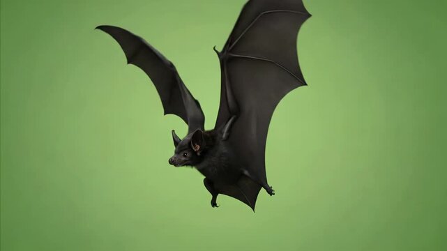 Close-up of a black bat flying with wings spread against a green background