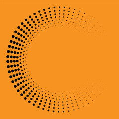 Halftone Circle Frame, Orange Background Radial Dot Pattern, Abstract Gradient Dotted Circular Design Element. Vector Illustration.