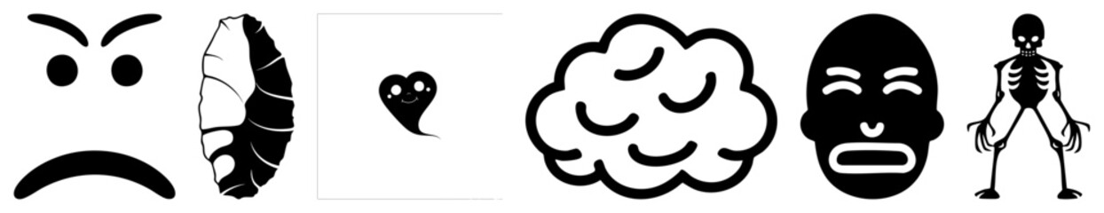 Fototapeta premium Emotion including angry face, stone, smiling heart, cloud brain, mask, and skeleton, minimalist vector symbols for UI, apps, or design projects.