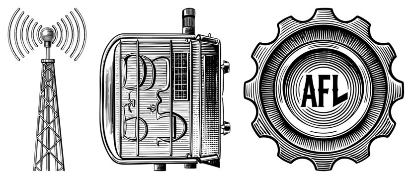 Classic broadcast tower emitting waves, antique radiogram with ornate script, AFL gear emblem with concentric retro communication tech, vintage electronics, historical broadcasting symbols.