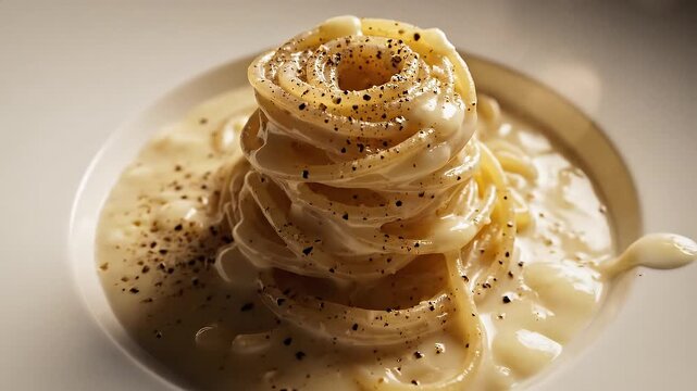 Cinematic slow crane view descending to glistening Cacio e Pepe pasta on rustic wooden tabletop