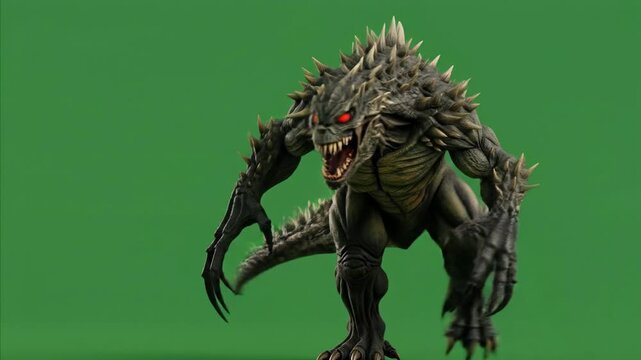 Fierce Spiked Monster with Red Eyes Walking on Green Screen