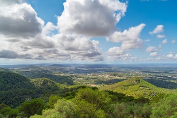 Fototapeta premium Discover the stunning landscapes of Mallorica, Spain. Lush greenery meets a bright blue sky, creating a perfect view for travel guides and promotional materials.