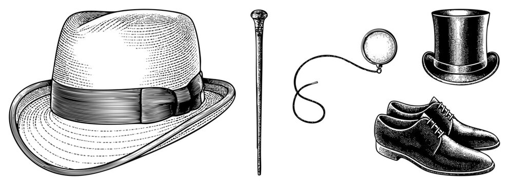 Classic male formal wear ensemble including fedora, walking stick, monocle, top hat, and, rendered in halftone engraving style for retro elegance.