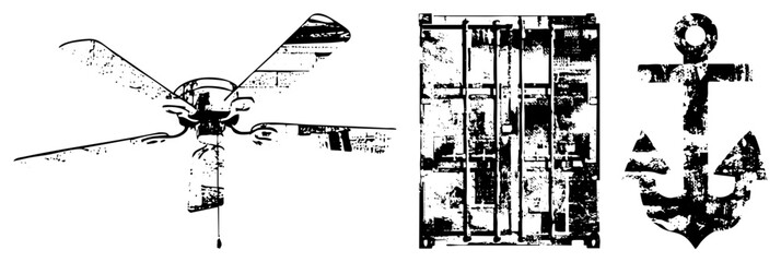 Obraz premium Three gritty halftone vector ceiling fan, weathered container, anchor. Ideal for nautical, industrial, or retro designs.
