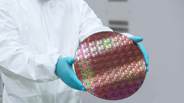 半導体工場でシリコンウエハーを持つ防護服を着た作業員
