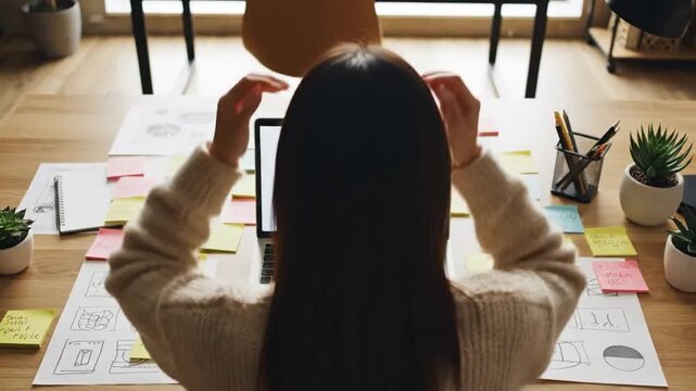 Frustrated designer with hands on head at messy desk with sticky notes and wireframes