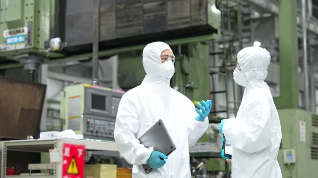 工場の中で会話する防護服を着た男女作業員