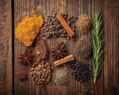 Natural Spice Collection with Herbal Elements and Ground Powders on Vintage Wooden Table Top View