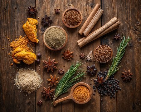 Assorted Aromatic Spices and Herbs on Rustic Wooden Table, Star Anise, Cinnamon and Rosemary Flat Lay