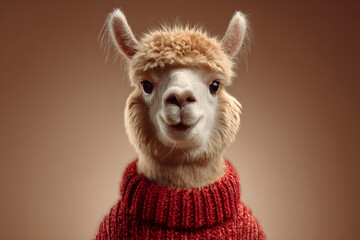 Fototapeta premium Llama wears a red sweater, posing with a friendly expression in a studio setting