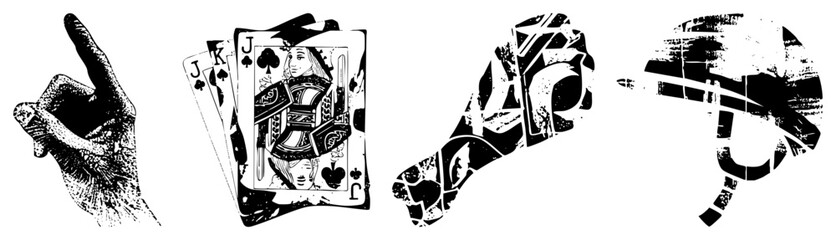 Fototapeta premium Grayscale vector illustration of hand holding playing cards, queen of spades, joker cards, card game symbols, gambling, casino theme.