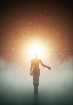 Intense bright energy field radiating outward through soft atmospheric mist, symbolizing spiritual existence and powerful conceptual being, sublime, fog, mystery