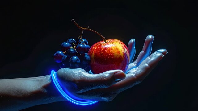 A hand holds a red apple and grapes with a glowing blue bracelet