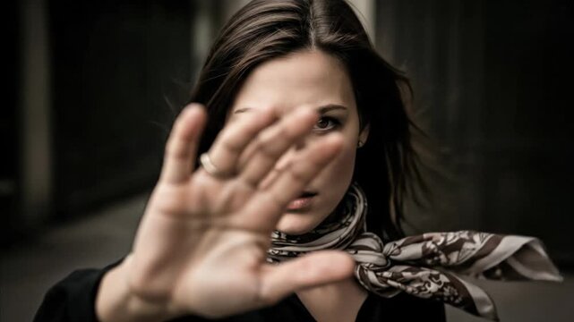 Woman Hand Gesture Stop Sign Aggressive Expression Out Of Focus Background