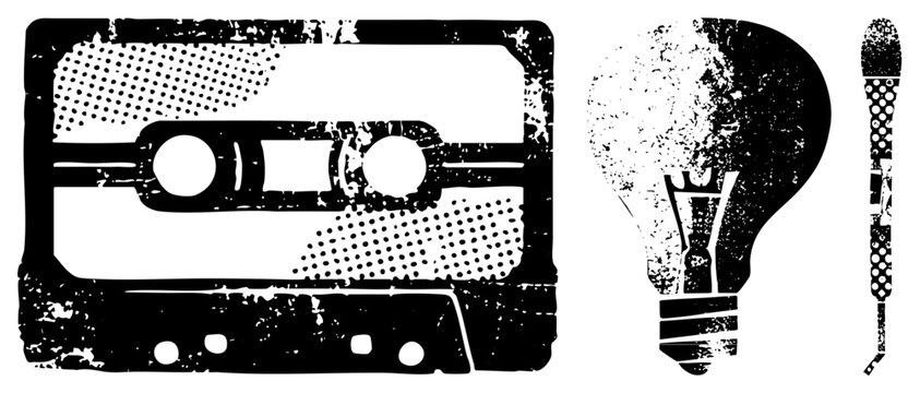 Retro cassette tape, glowing lightbulb, vintage microphone halftone vector, distressed texture, analog nostalgia, creative symbols.