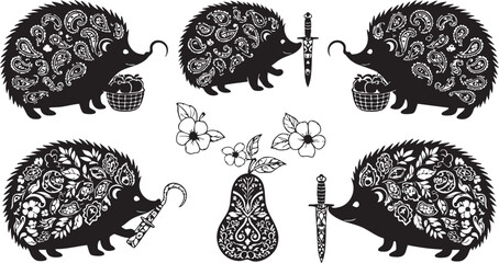 Black and white of hedgehogs with intricate patterns and © MdAbu