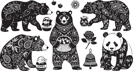 Intricate black and white bear with floral patterns and honey pots bears panda © MdAbu