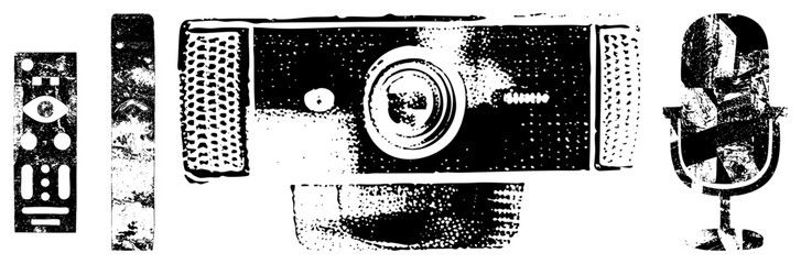 Obraz premium Retro conferencing device with pixelated lens and mesh grille, analog microphone with classic stand, halftone vector art, digital communication tools.