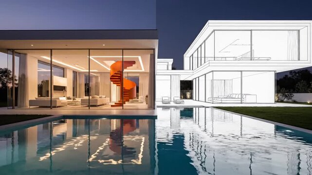 Modern House Design: Photorealistic Rendering vs. Architectural Sketch