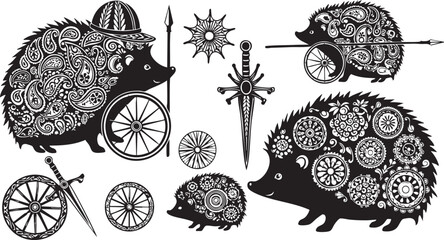 Intricately Designed Hedgehogs with Wheels and Symbols in Black and White patterns © MdAbu