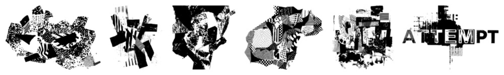Obraz premium Fragmented vector shapes with halftone textures and stippling, abstract composition, graphic design elements, black and white vector art, modern art.