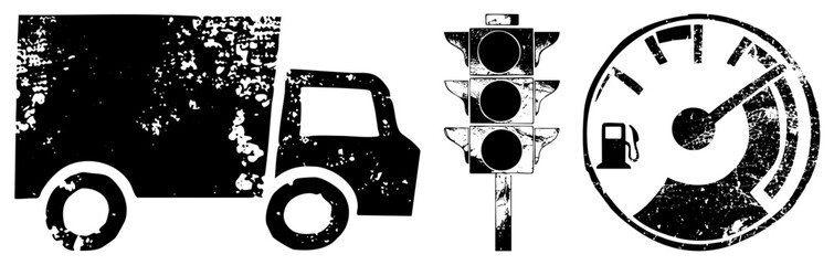 Obraz premium Distressed black of delivery van, traffic, and speedometer with gas pump, urban transport symbols, vintage vector design.