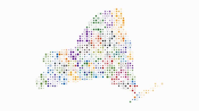 New York animated shape. Pulsating colored dots on the map of the state. Small size rounded square blocks. Digital style New York map on white background. Classy animation video.
