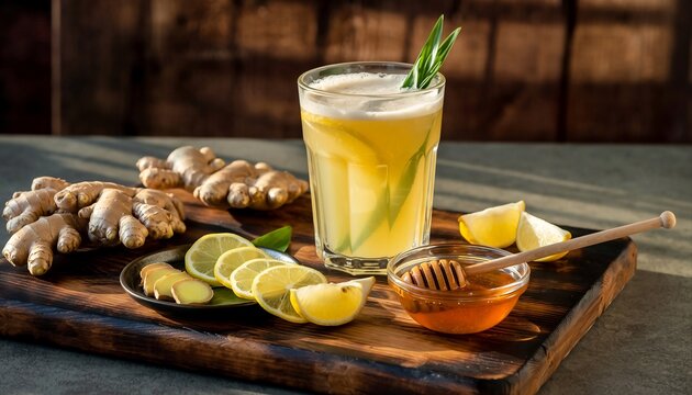 Refreshing ginger and lemon drink with honey and fresh ginger root on a rustic wooden board with warm lighting perfect for wellness and healthy lifestyle themes