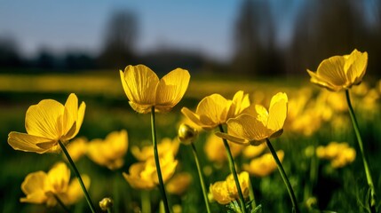 Fototapeta premium Close up of yellow buttercup flowers blooming in a sunny field