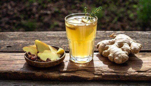Refreshing Golden Ginger Tea With Fresh Root Slices And Herbs On Rustic Wooden Surface With Blurred Greenery Background Natural Lighting