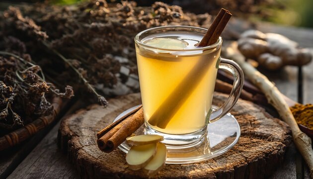 Warming Natural Herbal Tea with Cinnamon Stick and Ginger Slices on Wooden Table with Dried Herbs and Turmeric Spice Outdoors in Golden Hour Sunlight