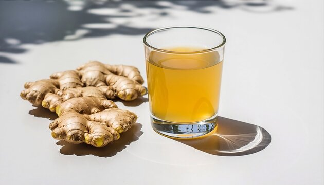 A refreshing golden beverage in a clear glass with fresh ginger root on a bright white surface casting dramatic shadows under natural sunlight