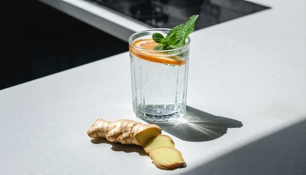 Refreshing Cold Sparkling Water With Sliced Ginger Orange And Mint Garnish On A White Countertop With Natural Sunlight Casting Shadows