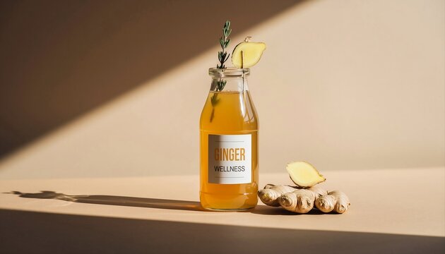 Refreshing Ginger Infused Beverage in a Clear Glass Bottle with Fresh Ginger Root and Sprig of Thyme on a Neutral Background with Dramatic Sunlight Shadows