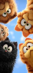 Fototapeta premium A group of fluffy 3D animated cats—mostly orange tabbies with one black cat—peer down with wide, curious eyes against a bright blue sky with soft clouds, creating a fun, whimsical scene.