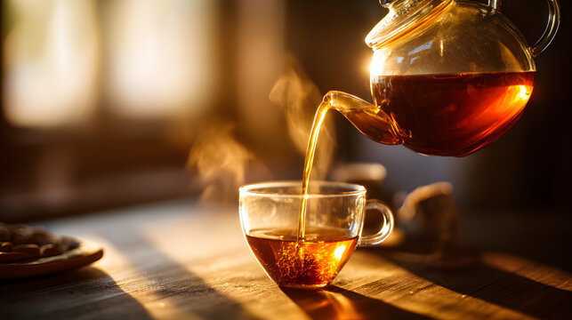 Golden hour tea ritual amber tea pouring into glass cup steaming cup on wooden table warm sunlight